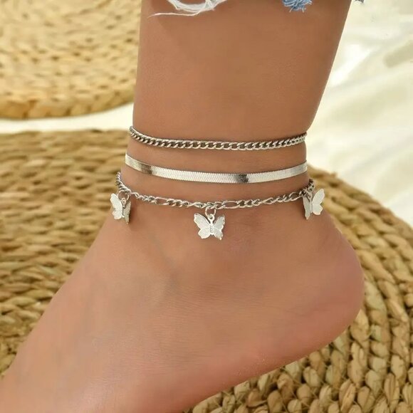 Jewelry - 3pcs Trendy Snake Bone Chain, Butterfly Pendant Anklet, Multi-layer Stacking